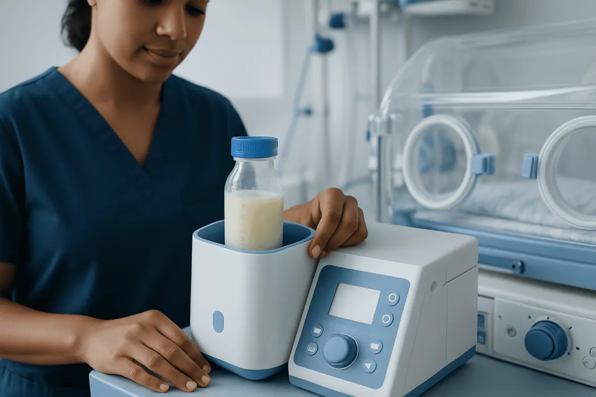 Breast milk warming device in a hospital setting at Acibadem Hospitals Group.