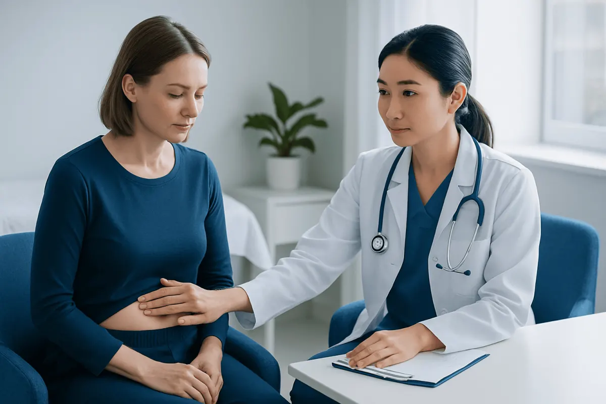 Doctor examining a patient's abdomen in a medical consultation room.