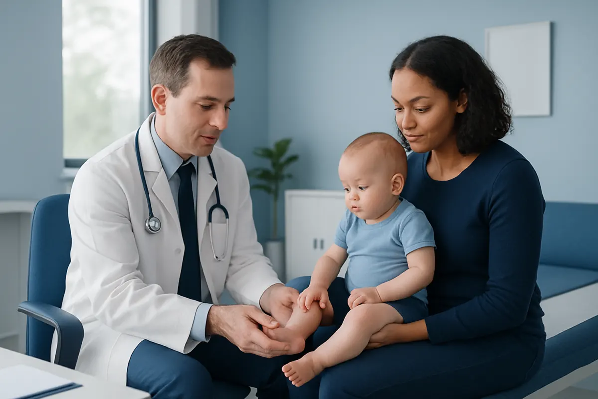 Pediatric doctor examining a child's foot in a clinic setting.