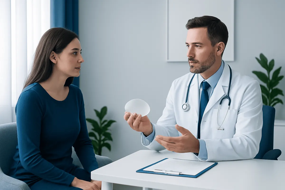 Doctor explaining saline breast implants to a patient in a consultation room.