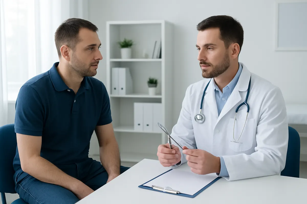Doctor consulting with patient in a medical office setting.