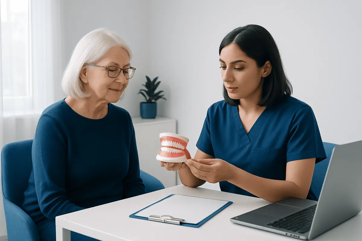 Dental consultation with a senior woman and a dentist showing a dental model.