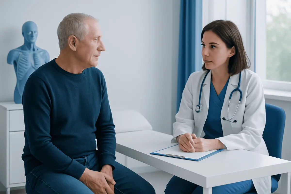 Doctor consulting with an elderly male patient in a medical office.