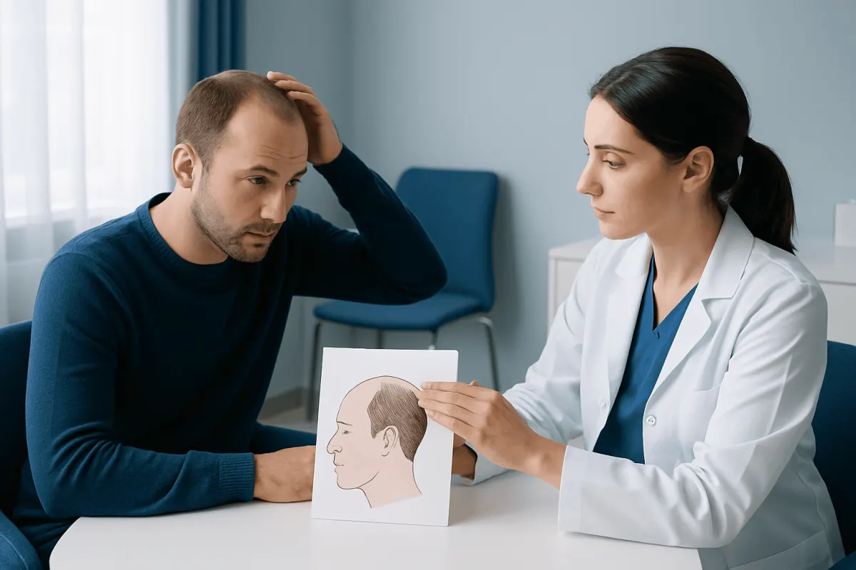 Doctor explains hair transplant process to patient with scalp diagram.