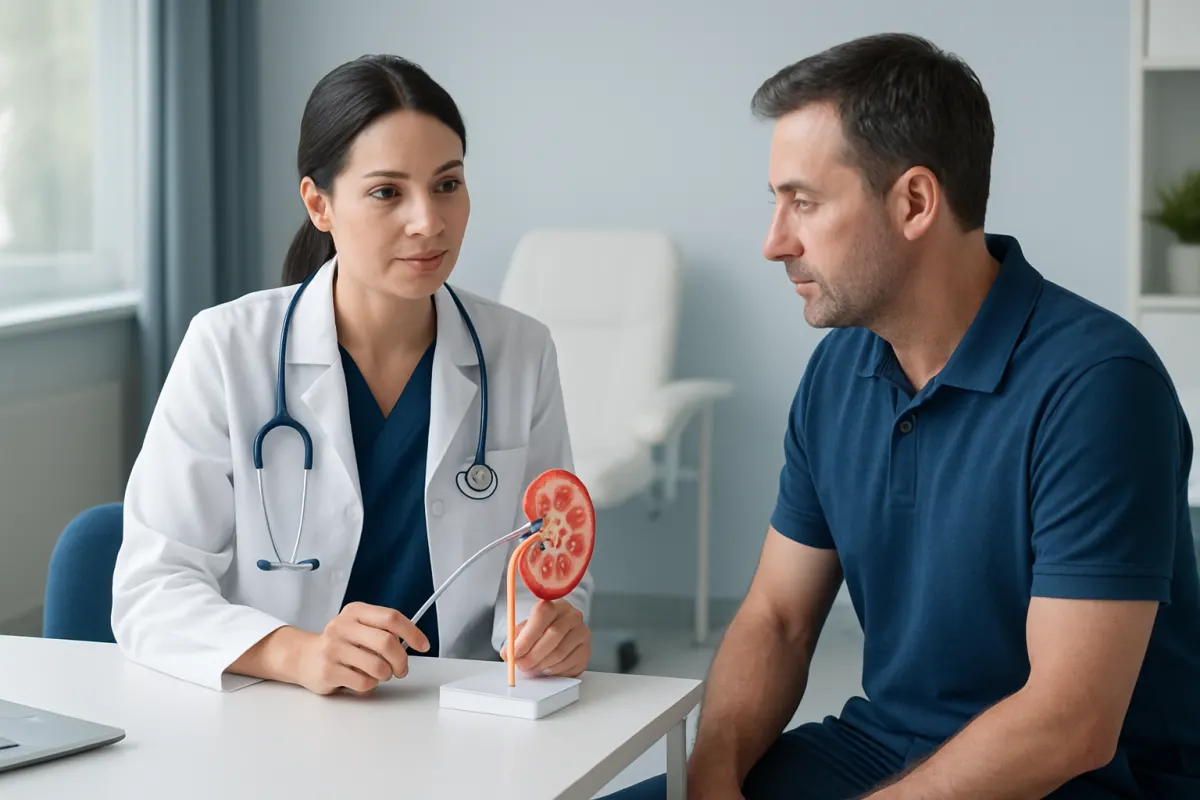 Urologist explaining kidney stone model to male patient in clinic.