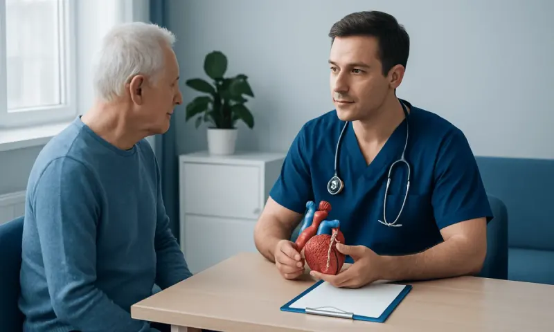 Cardiologist explaining heart health to elderly patient in consultation room.