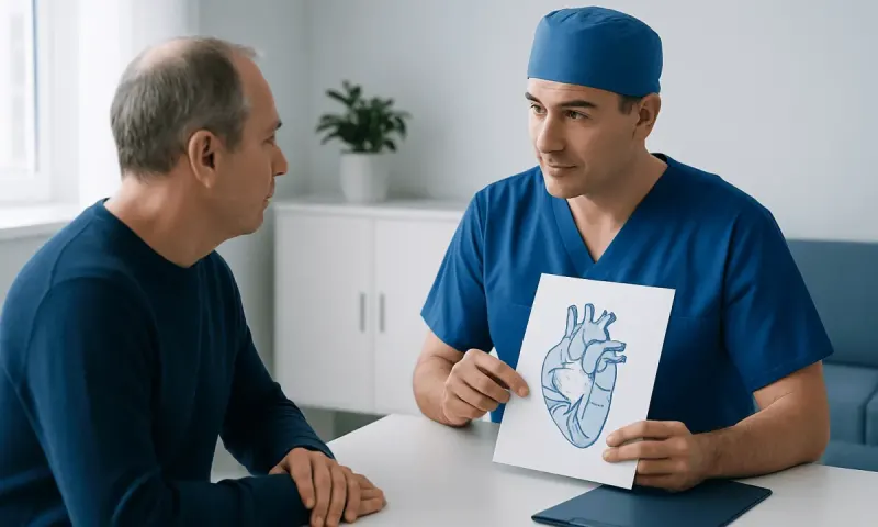 Doctor explaining heart anatomy to patient in a consultation room.
