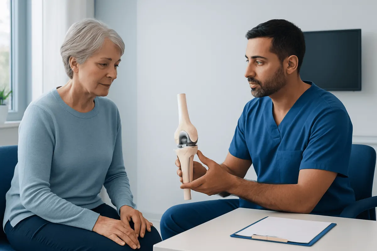 Orthopedic consultation with a doctor explaining knee anatomy to an elderly woman.