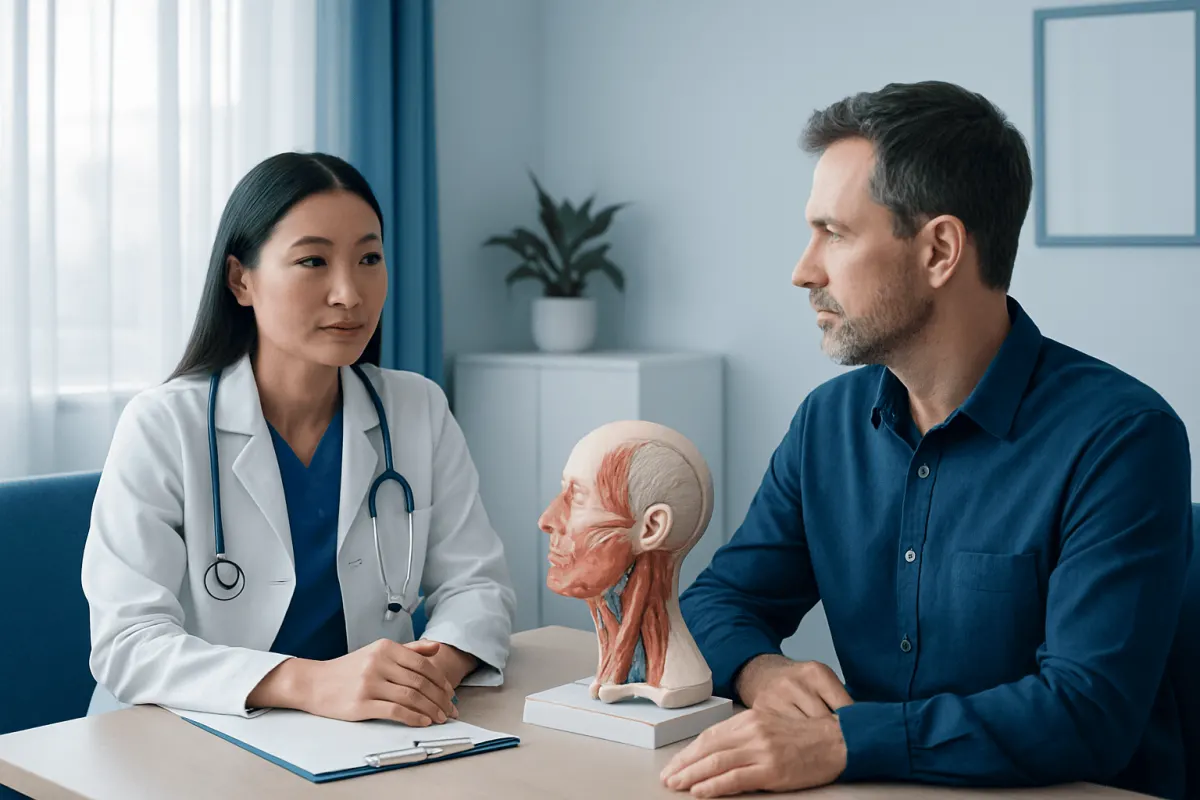 Doctor consulting with patient about head and neck surgery options.