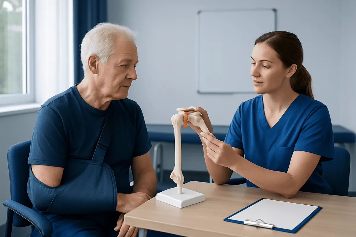 Physical therapist explains shoulder anatomy to senior patient with arm injury.