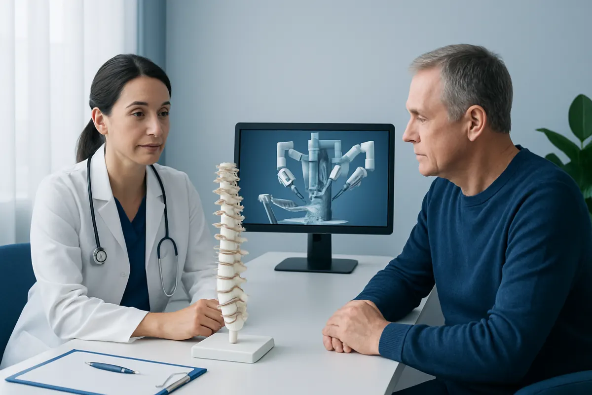 Doctor explaining spinal surgery to patient with spine model and robotic surgical system.