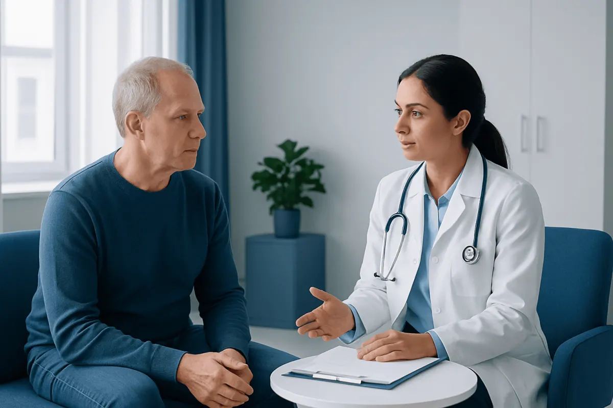 Doctor consulting with a male patient in a medical office.
