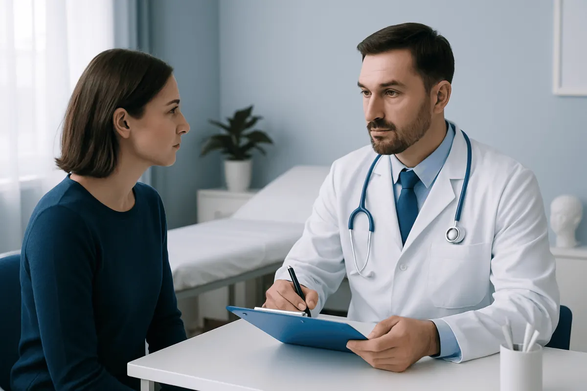 Doctor consulting with a female patient in a medical office setting.