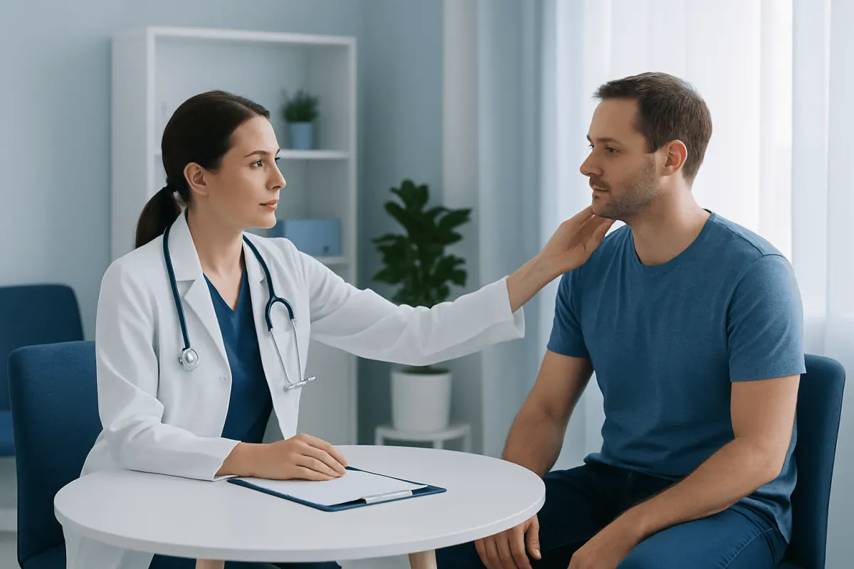 Doctor examining a patient's neck in a medical consultation room.