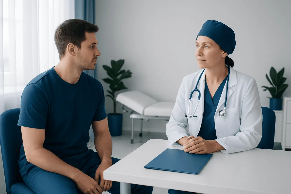 Doctor consulting male patient in a medical office.
