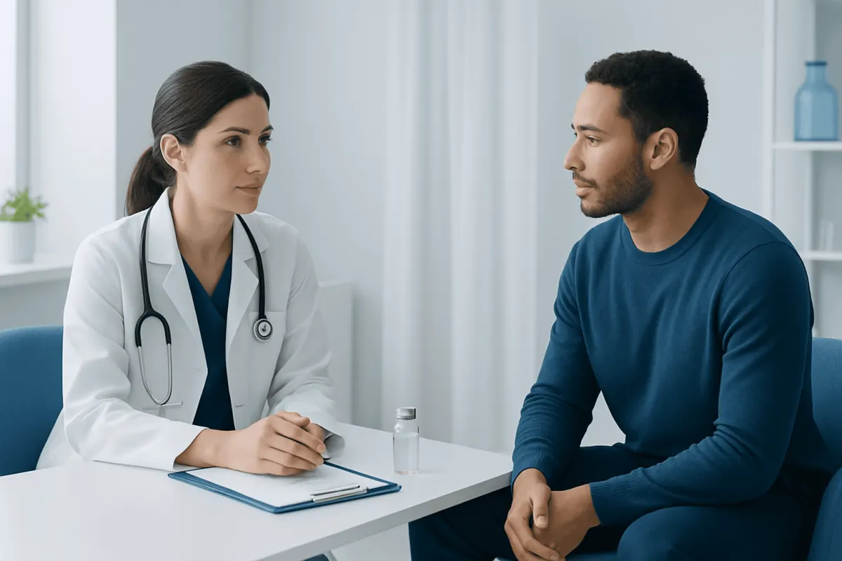 Doctor consulting with a patient in a modern medical office.