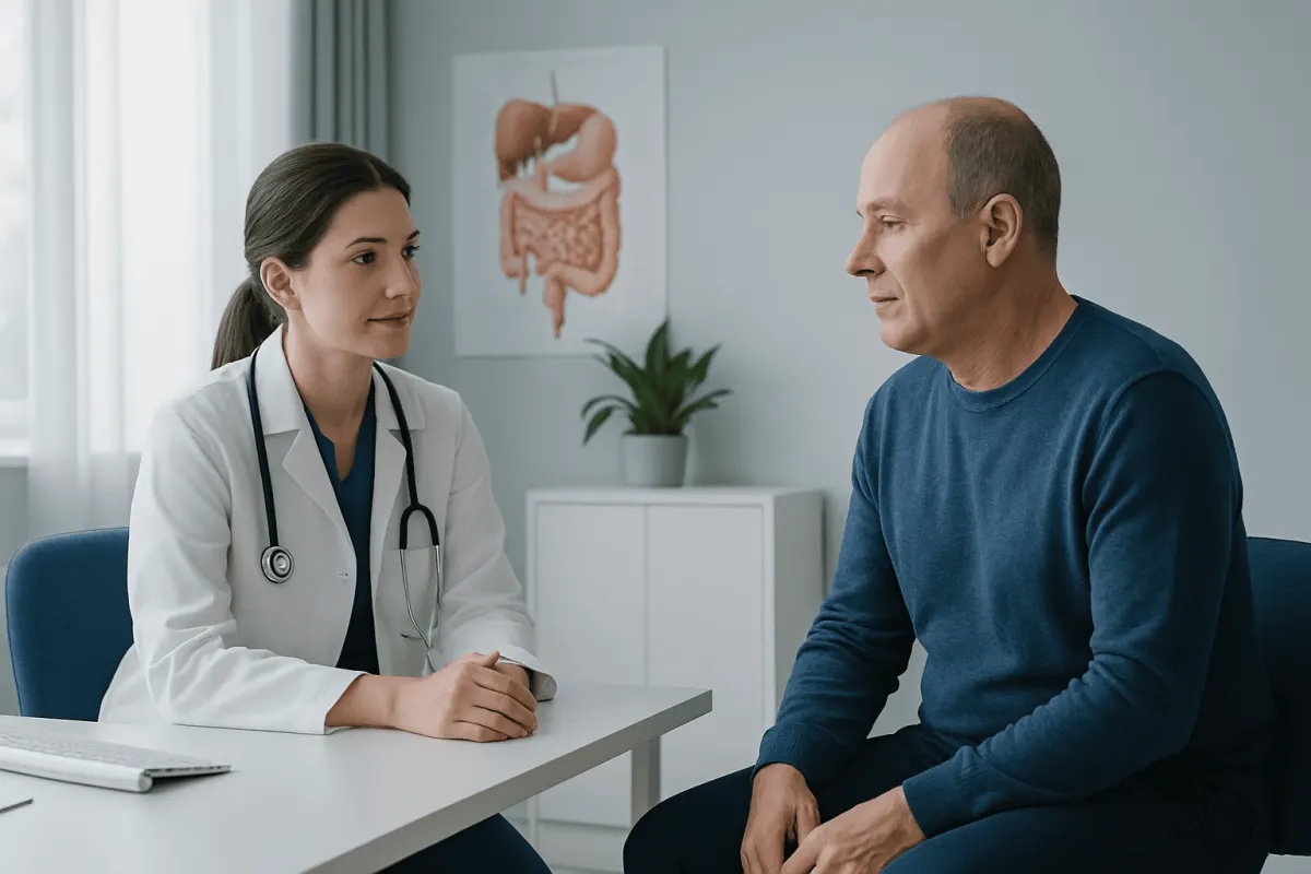 Doctor consulting with a patient about gastrointestinal health in a clinic.