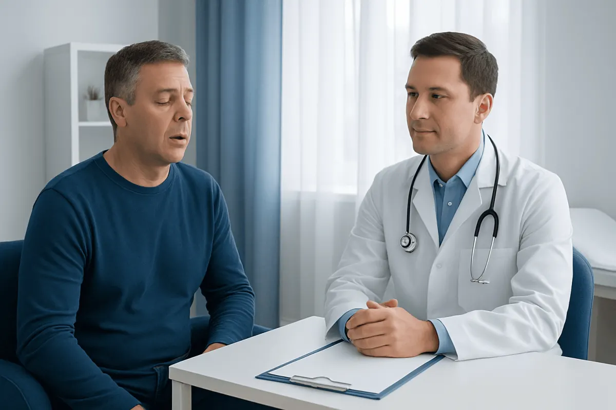 Doctor consulting with a patient about sleep issues in a medical office.