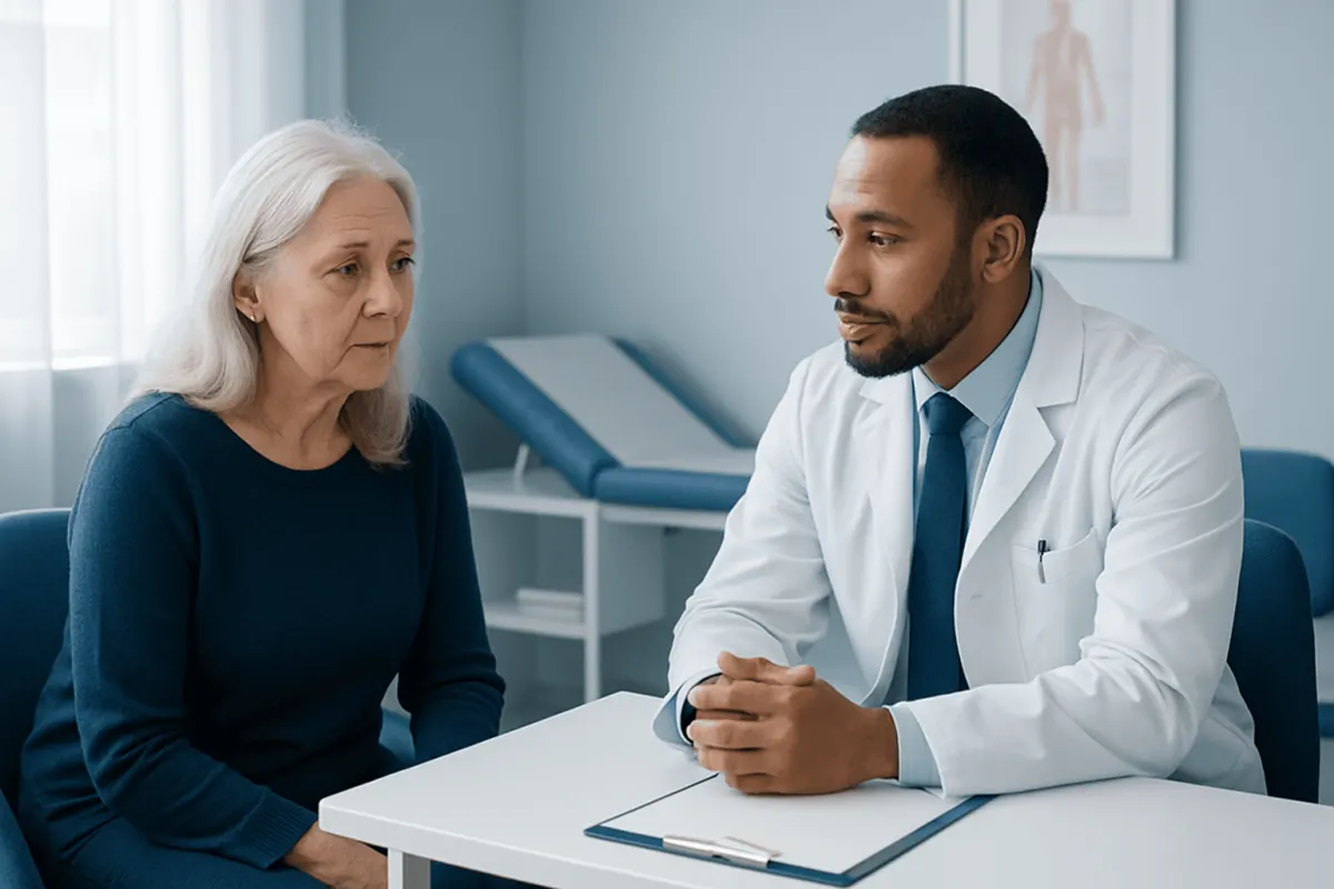 Doctor consulting with an elderly woman in a medical office.