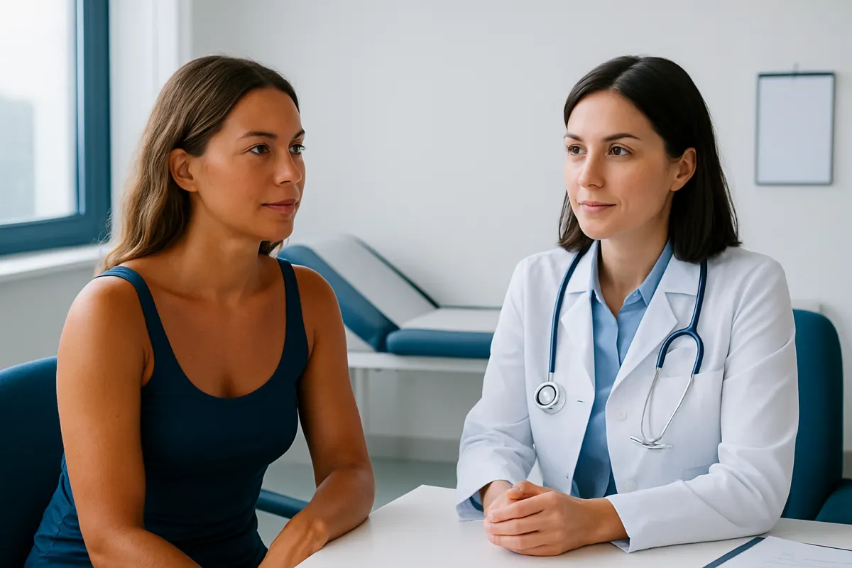 Doctor consulting with a female patient in a medical office.