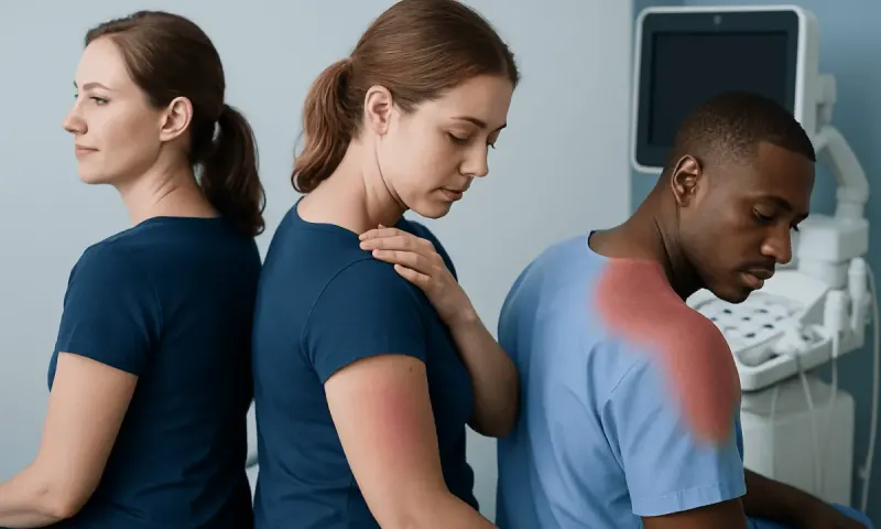 Medical consultation with a patient experiencing sunburn symptoms at a hospital.