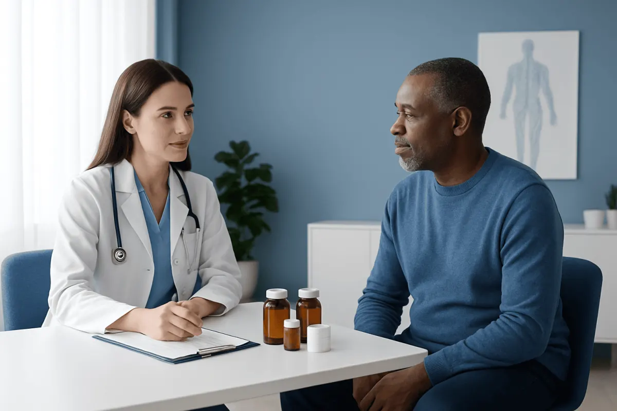 Doctor consulting with patient about health in a medical office.