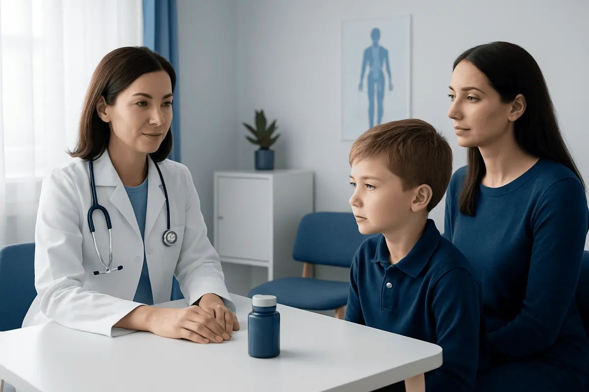 Doctor consulting with mother and child in a medical office.