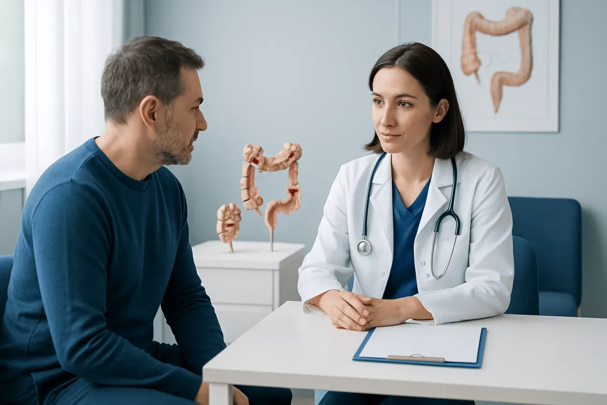 Doctor consulting with patient about colorectal health in clinic.