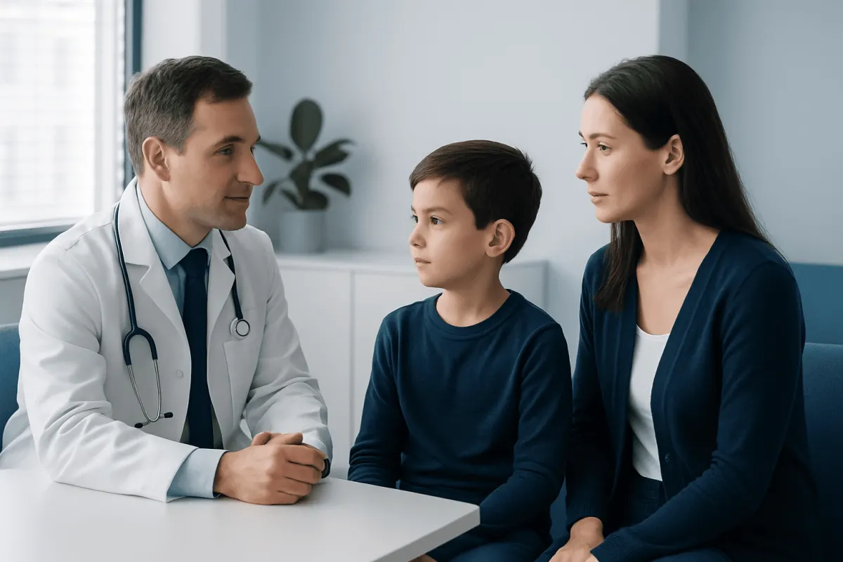 Pediatric consultation with doctor and mother discussing child's health.