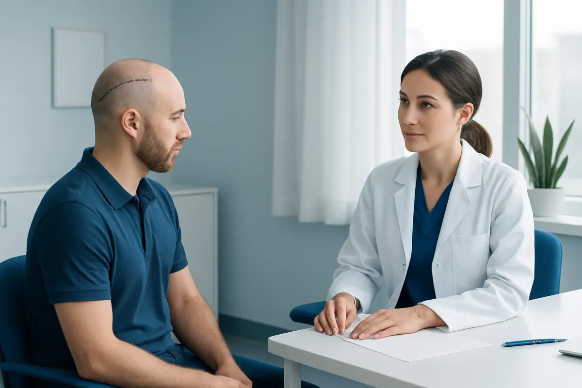 Doctor consulting patient after scalp surgery in a clinical setting.
