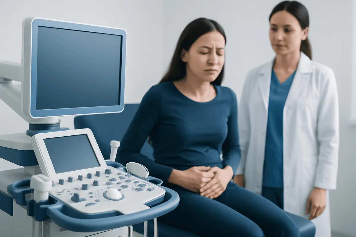 Woman experiencing menstrual pain during ultrasound examination in clinic.