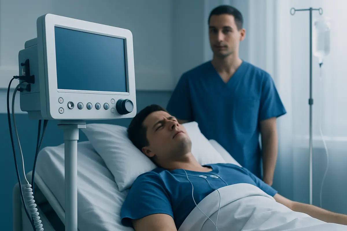 Patient in hospital bed with medical monitor and doctor nearby.