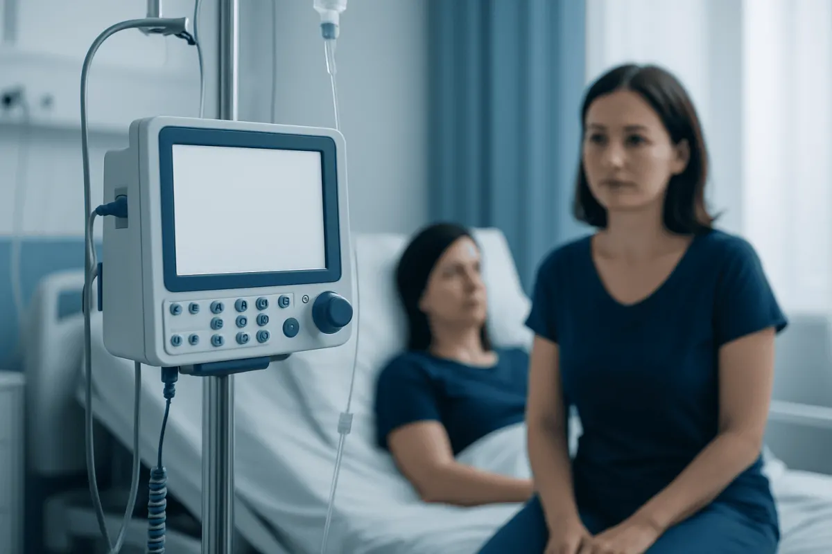 Hospital patient monitoring with medical staff in a clinical setting.
