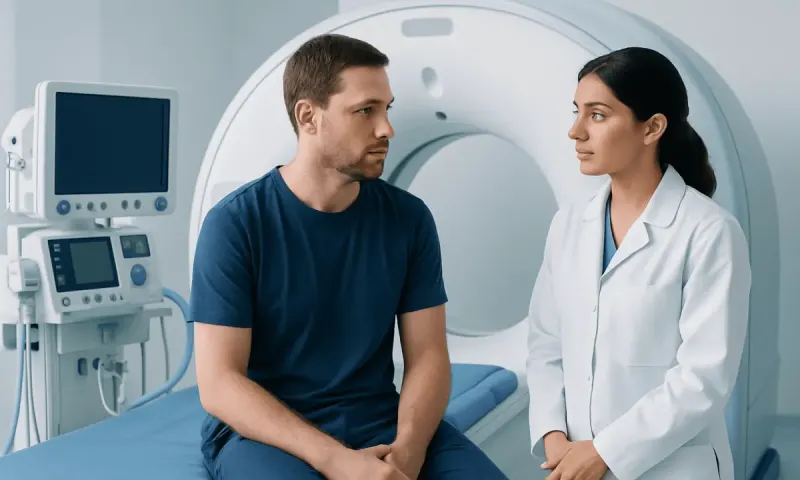 Patient and doctor discussing before MRI scan in hospital setting.