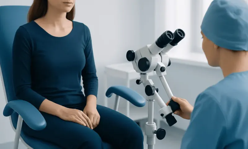 Gynecologist examining patient with microscope in clinic.