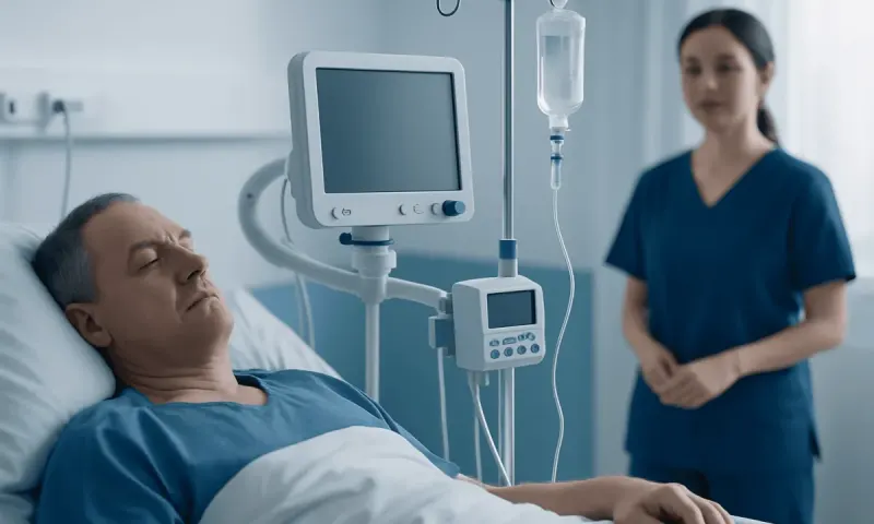 Patient in hospital bed connected to medical monitoring equipment.
