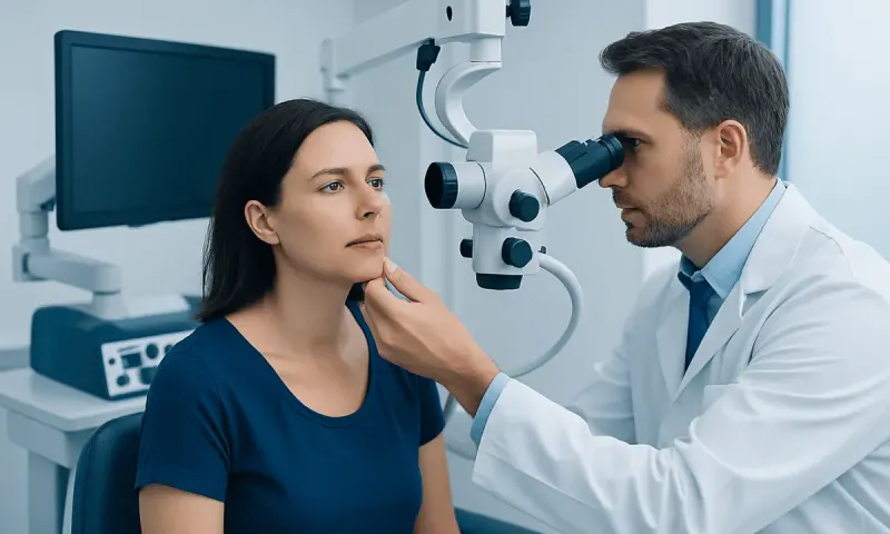 Otolaryngologist examining patient's throat with a microscope in a clinic.