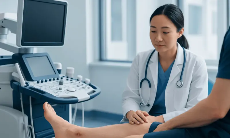 Doctor examining patient's ankle in a medical clinic setting.