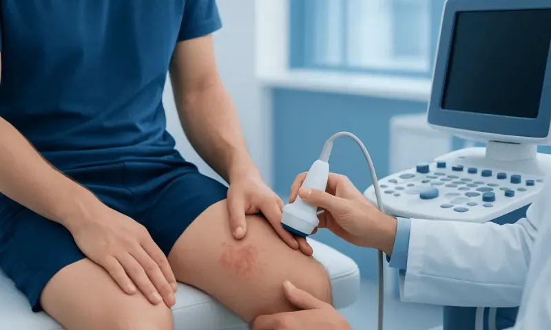 Doctor examining thigh rash with ultrasound device at hospital.