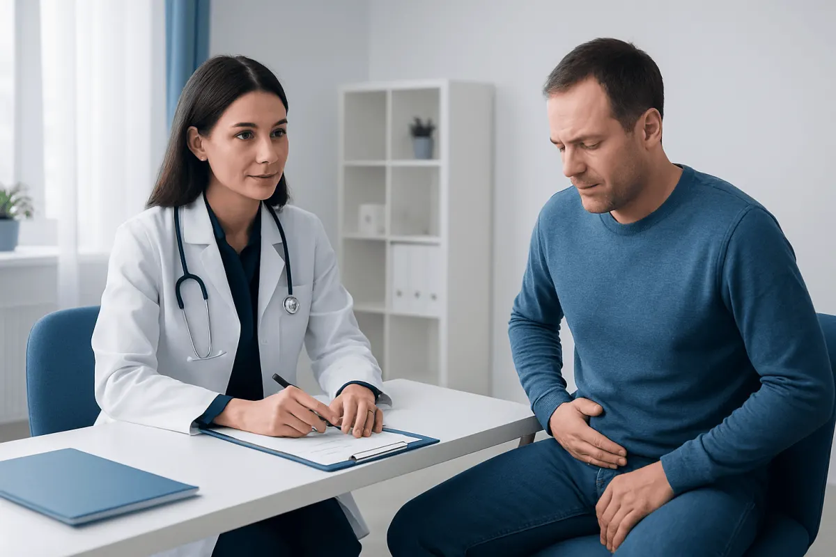Doctor consulting male patient about urinary health in clinic.