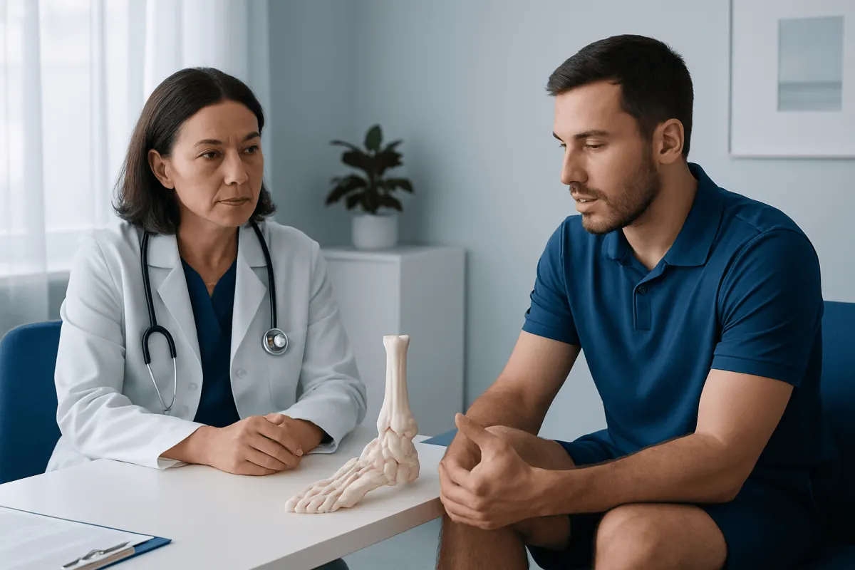 Doctor explaining ankle injury to patient in clinic setting.