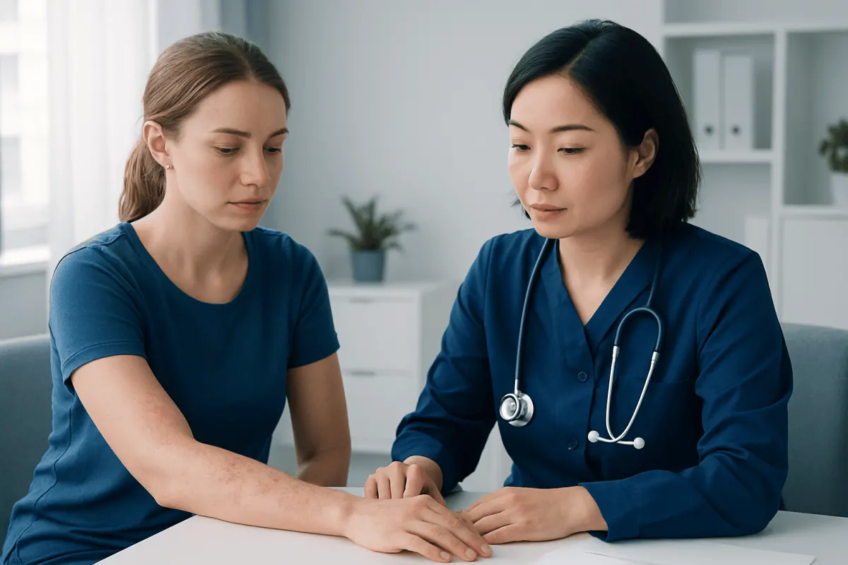 Doctor examining patient's skin for eczema symptoms in clinic setting.
