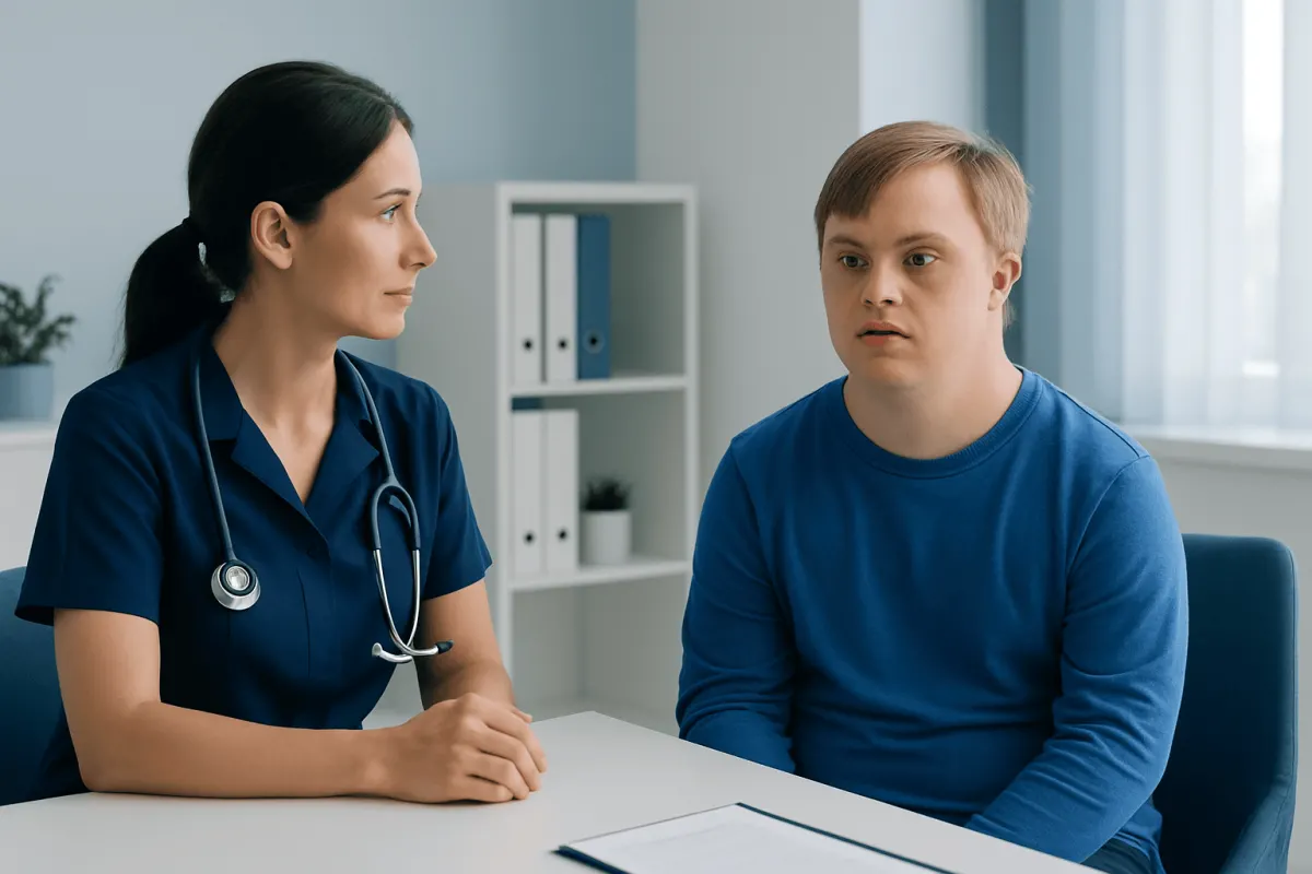 Doctor consulting with a young patient in a medical office.