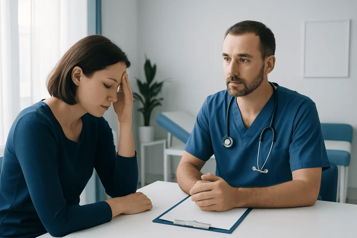 Doctor consulting a patient about motion sickness symptoms in a clinic setting.