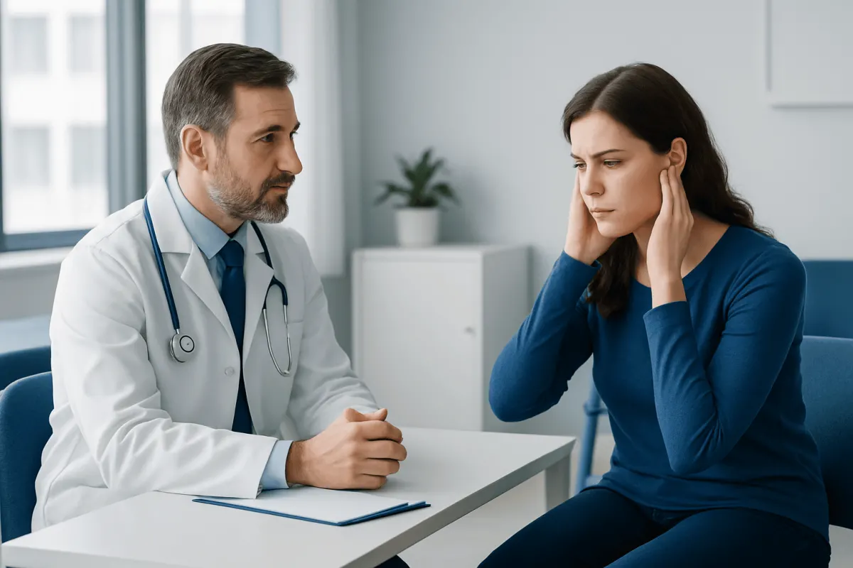 Doctor consulting with a patient about ear pain and mastoid health.