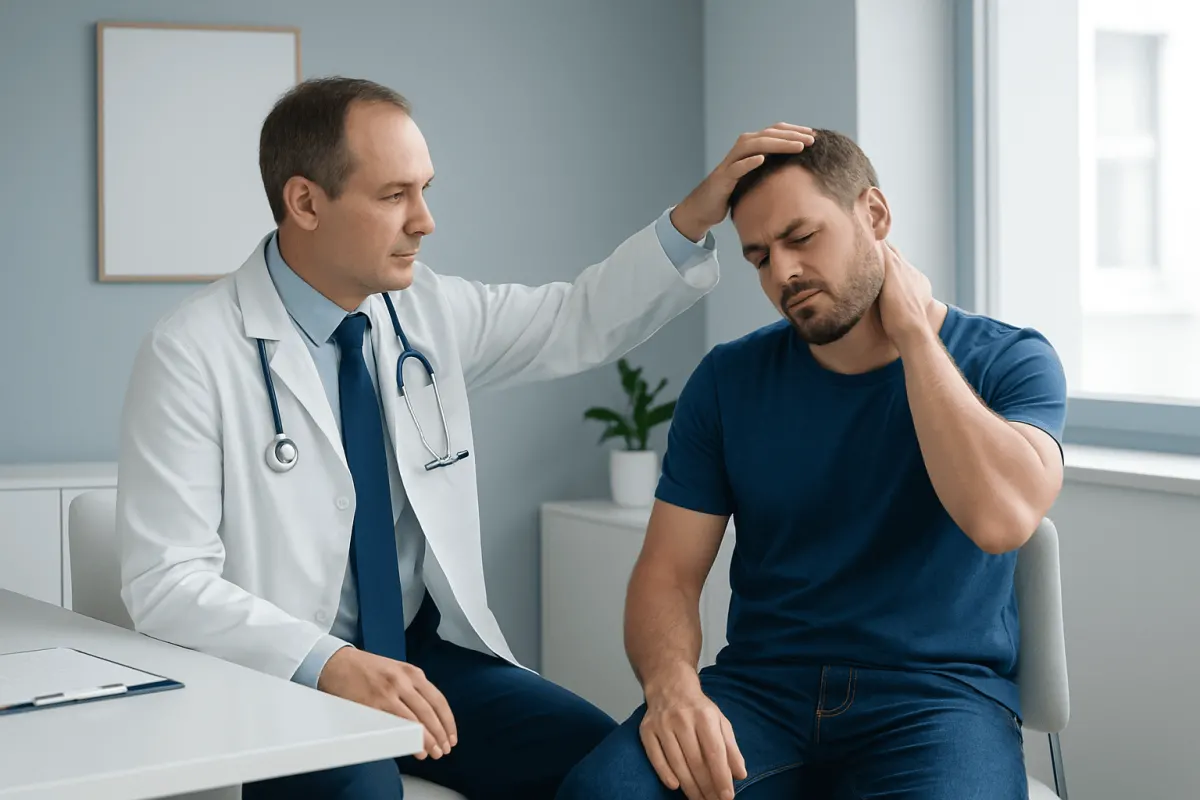 Doctor examining a patient's neck for Spurling Test symptoms.