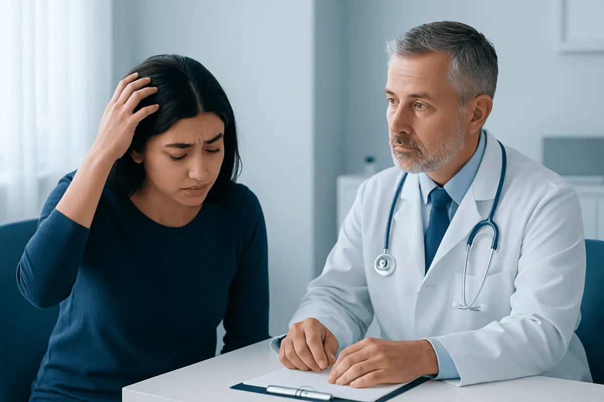 Doctor consulting with a woman about hair or scalp issues in a clinical setting.