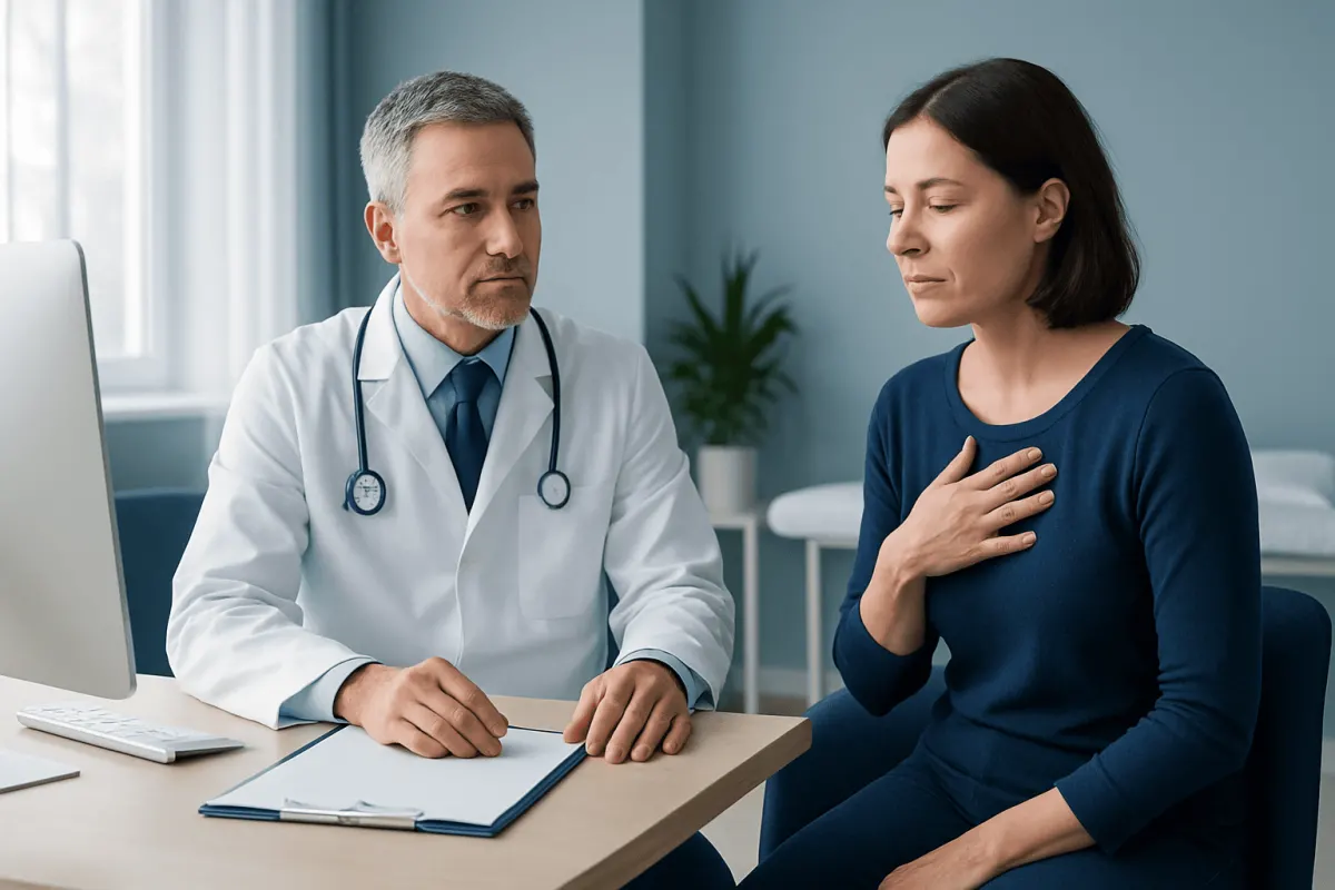 Doctor consulting with a female patient in a medical office setting.