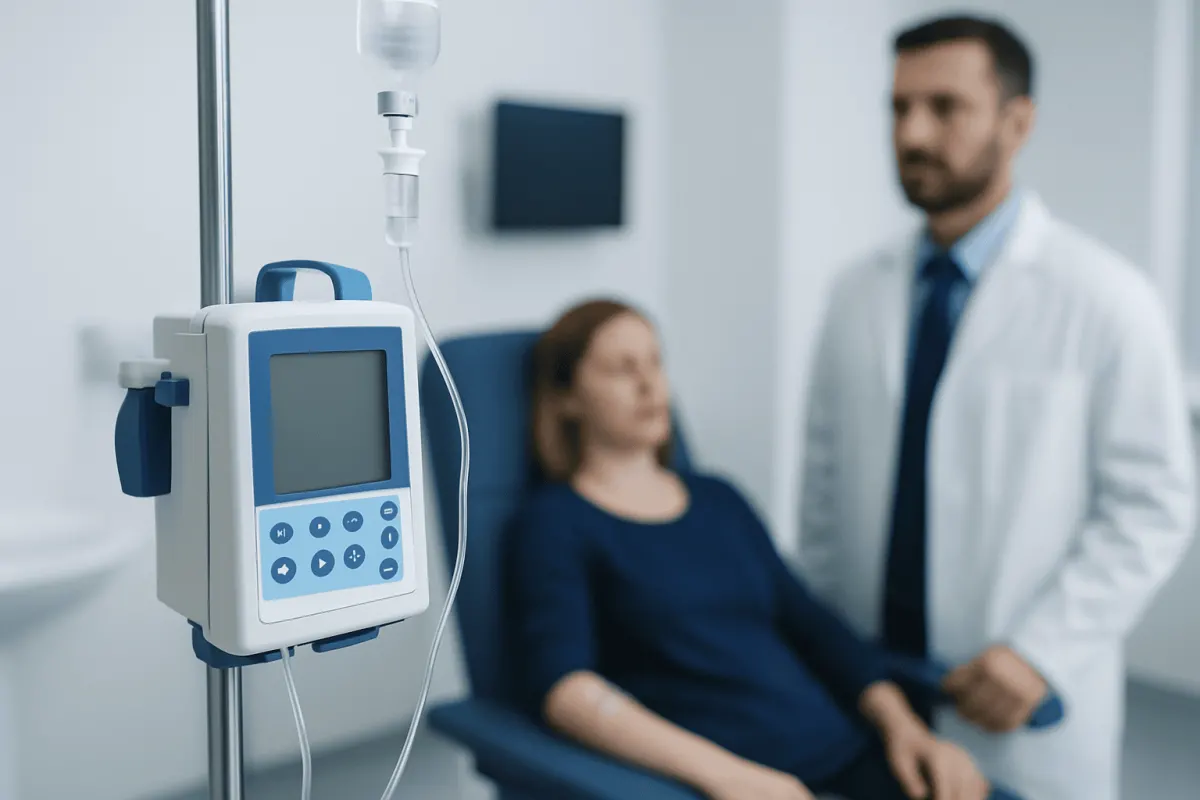 Patient receiving intravenous therapy in a hospital setting with medical staff present.
