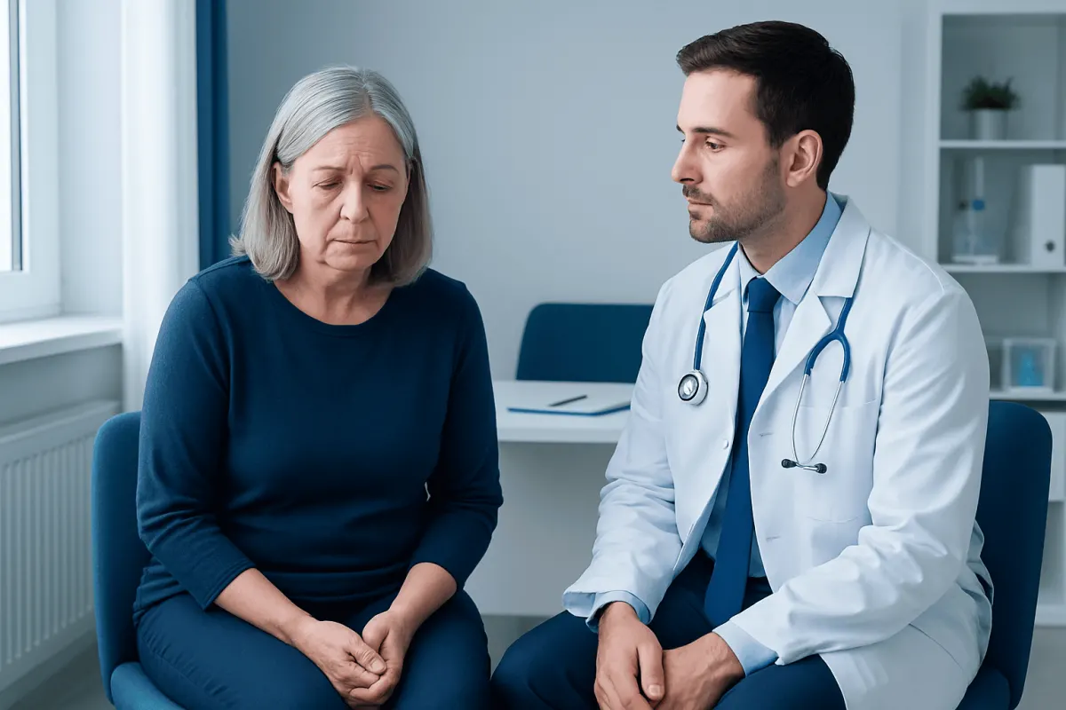Doctor consulting with an elderly woman about stress incontinence.